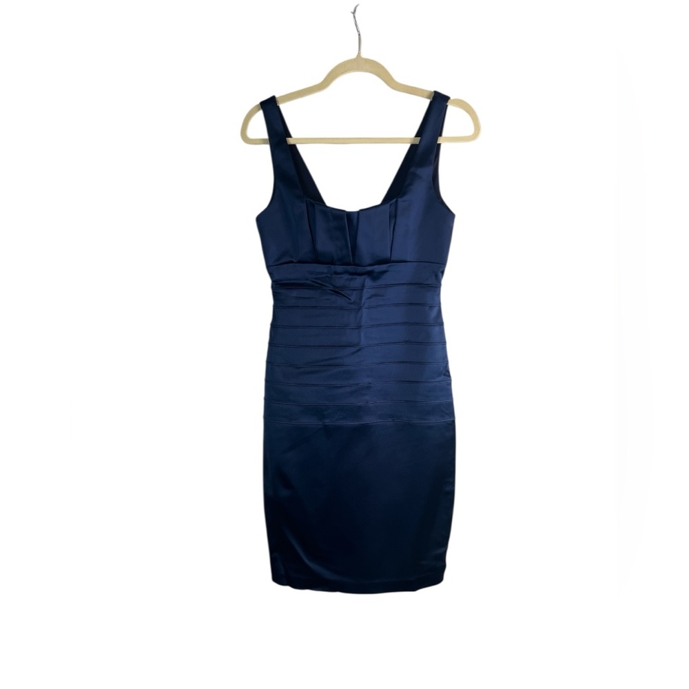 Vintage Cache Navy Blue Satin Dress Bodycon Cocktail Party Mini Size 6 romantic